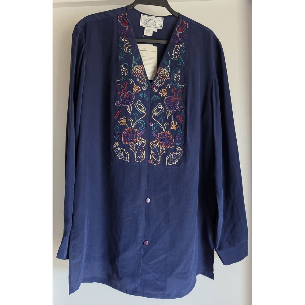NWT Silk Boutique Blouse Women L Navy Floral Embroidery Long Sleeve Top Shirt